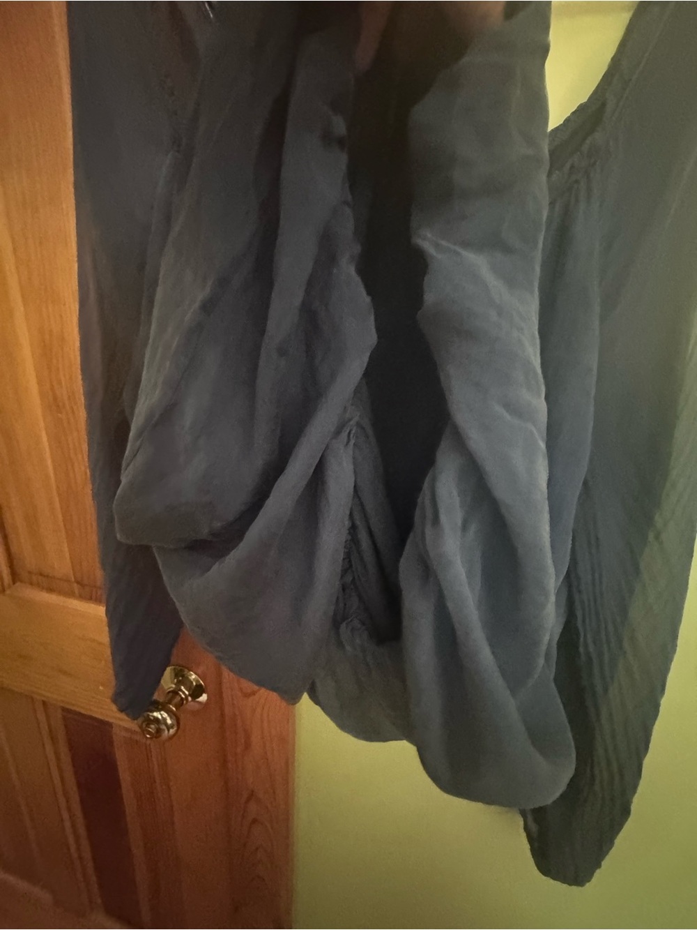 Flowy Navy Peasant silk Blouse with Button Front - Picture 4 of 7